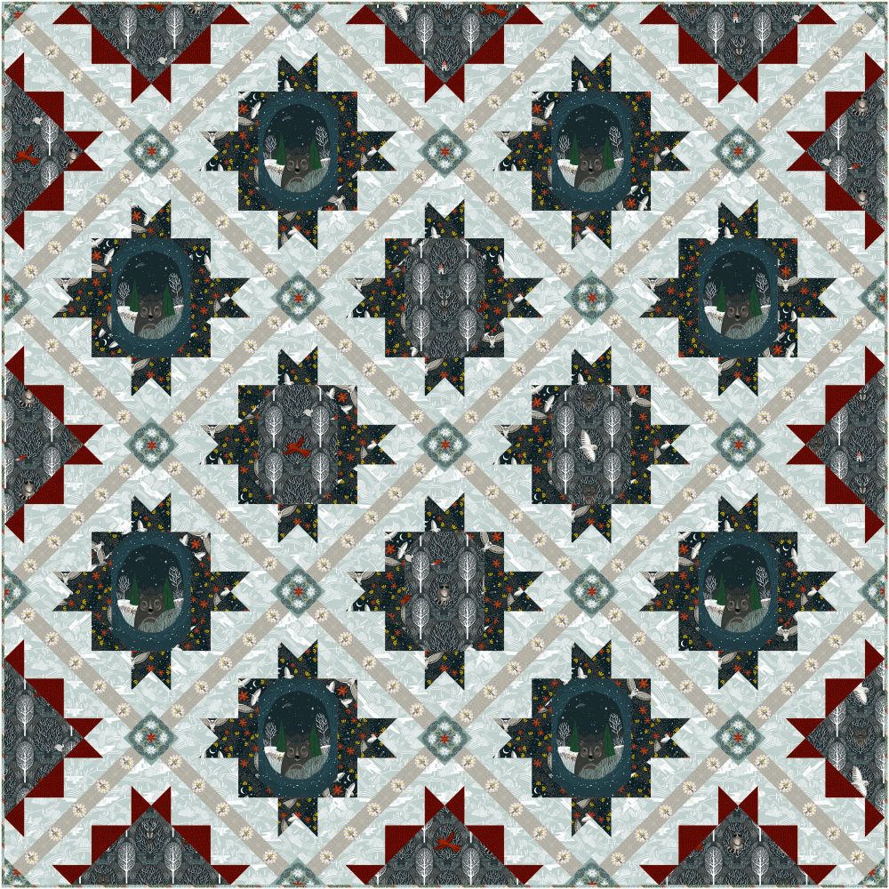 The image is a quilt with a repeating pattern of star-like shapes in shades of gray, black, and red. The pattern is composed of various shapes and sizes, creating a visually striking and intricate design.