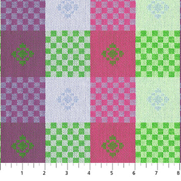 The image is a fabric with a checkered pattern in various colors, including pink, green, purple, and white. The pattern consists of squares and rectangles, creating a visually appealing and textured design.