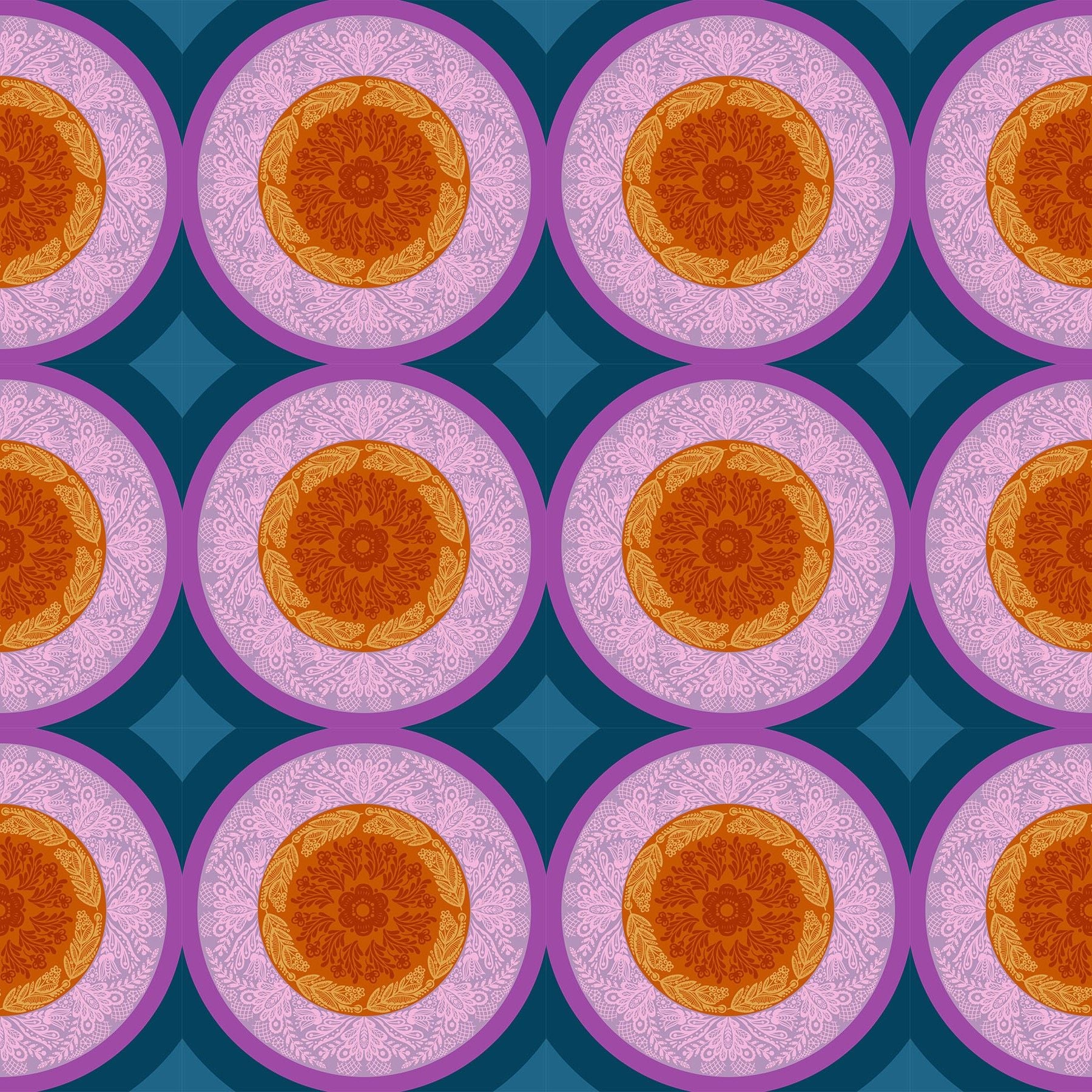 a repeating pattern of circular designs with a floral motif in shades of orange and pink. The designs are arranged in a grid-like pattern, creating a visually striking and symmetrical composition.