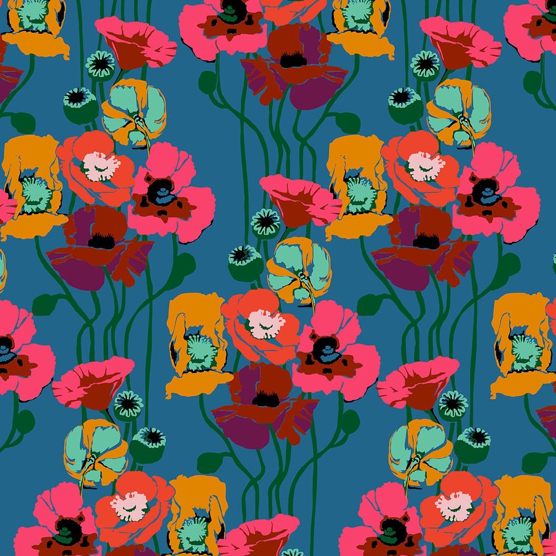 The image is a vibrant and colorful pattern featuring a repeating design of flowers and leaves in various shades of pink, orange, green, and blue against a dark blue background.