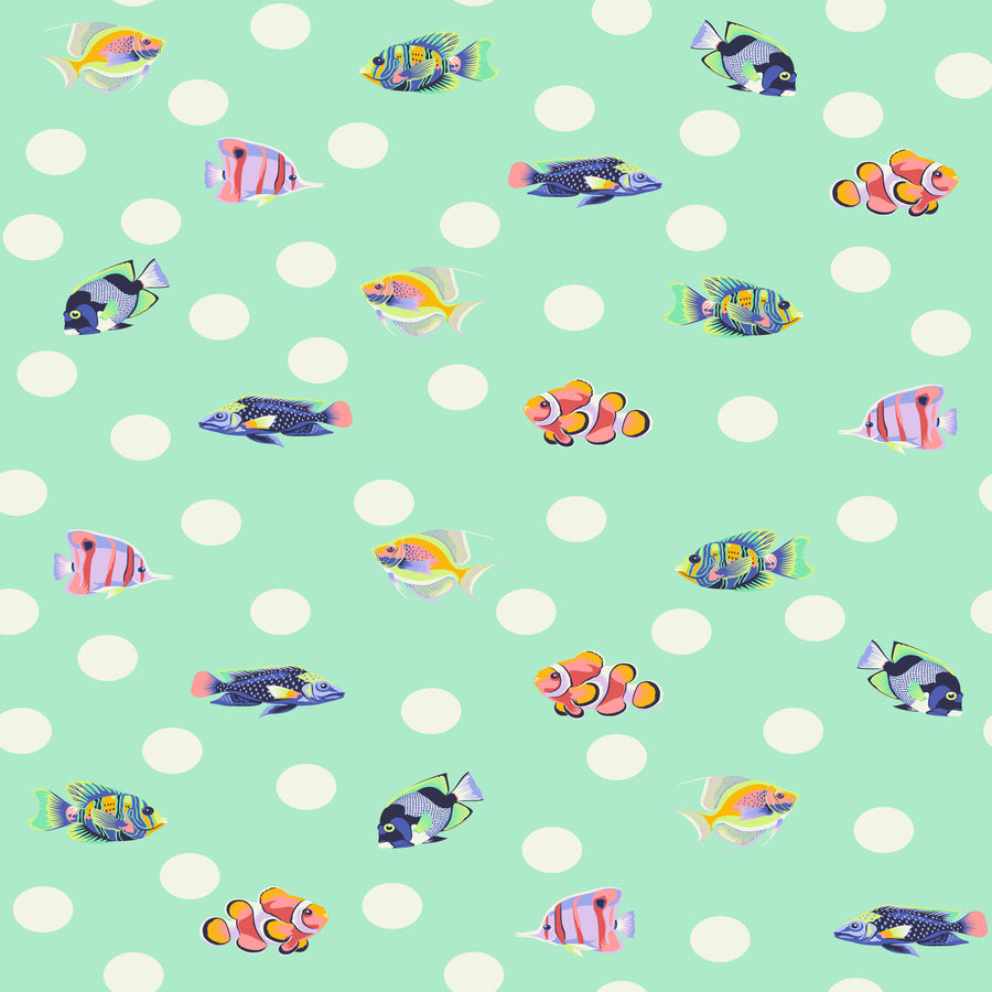a variety of colorful tropical fish swimming against a light green background with white polka dots.