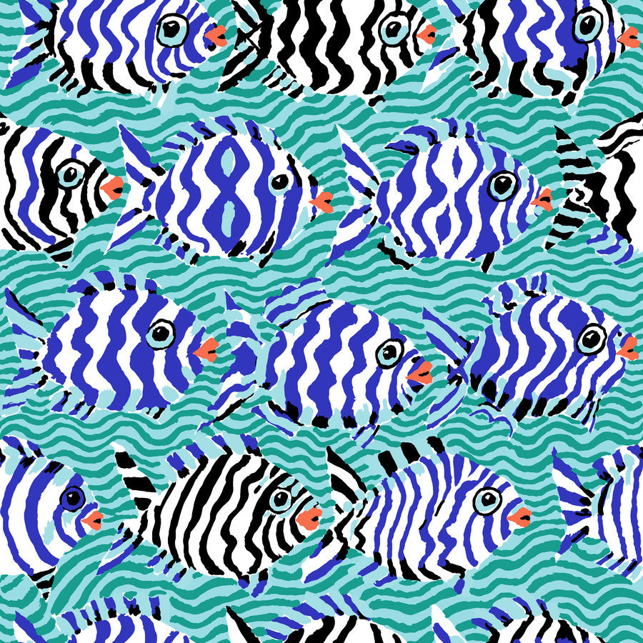 a large group of blue and white fish