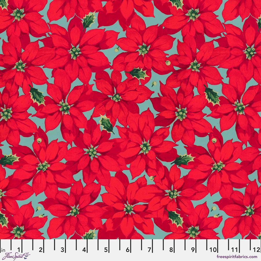a repeating pattern of red poinsettia flowers against a light blue background.