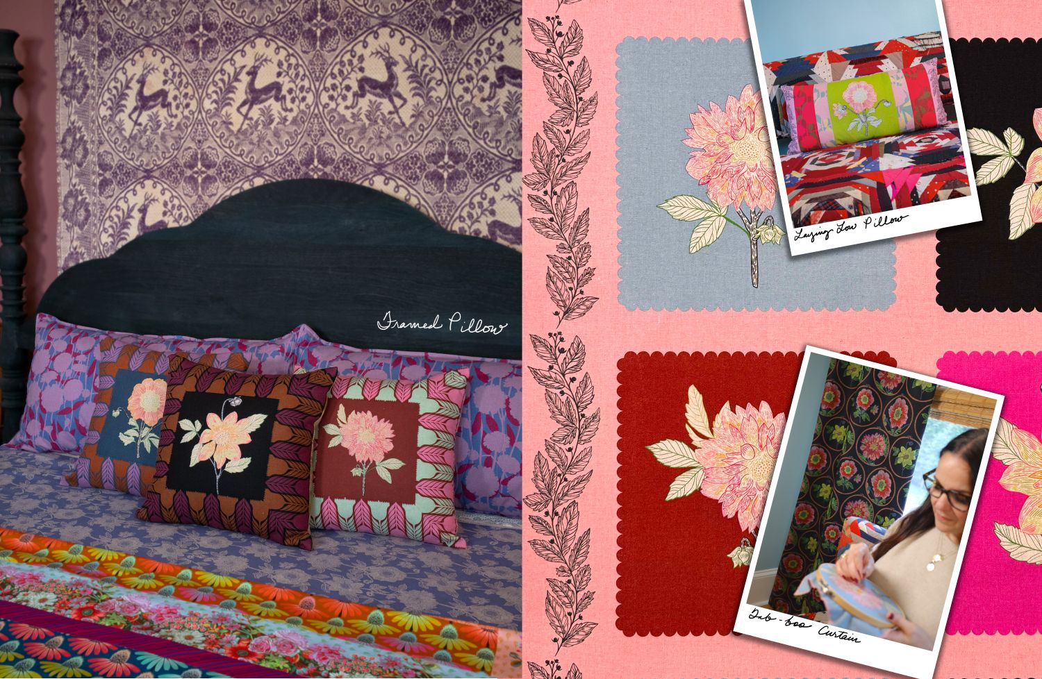 The image is a collage of two photos. The left photo shows a bed with colorful pillows and a black headboard, while the right photo features a woman sitting at a table with a quilt and a pillow.