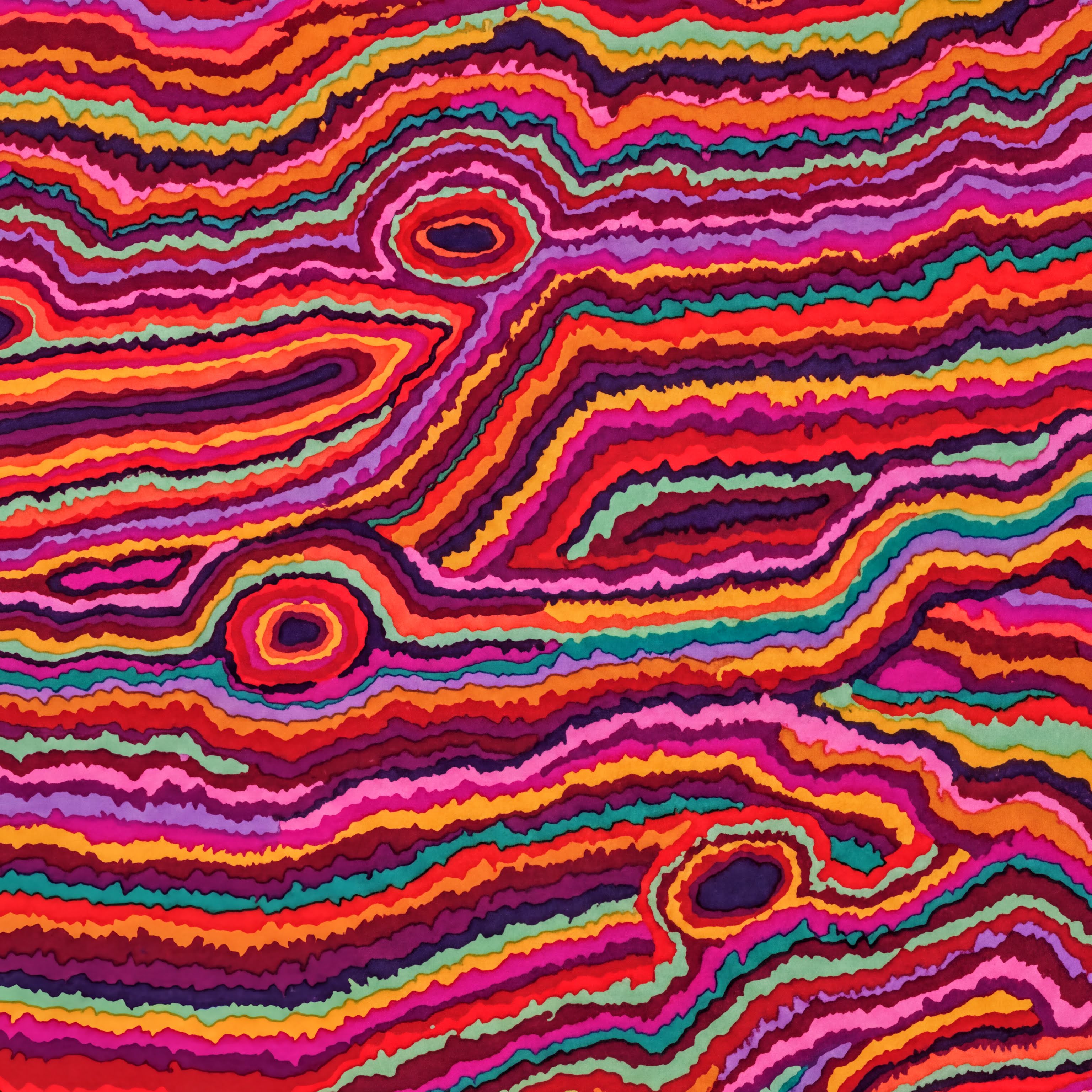 The image is a vibrant, abstract pattern composed of overlapping, multicolored lines and shapes that create a dynamic, swirling visual effect.