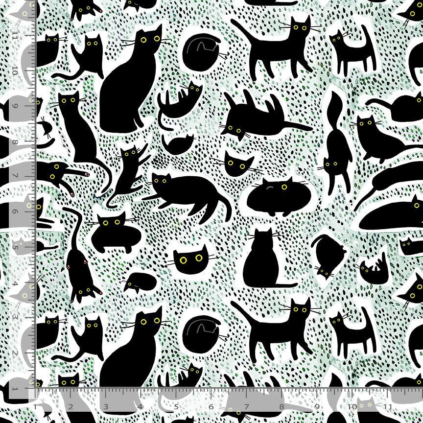 a repeating pattern of black cats with yellow eyes, creating a visually striking and whimsical design.