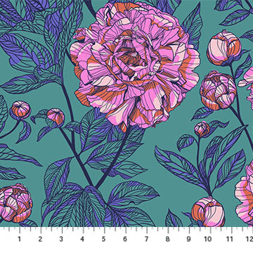 a blue background with pink flowers and leaves