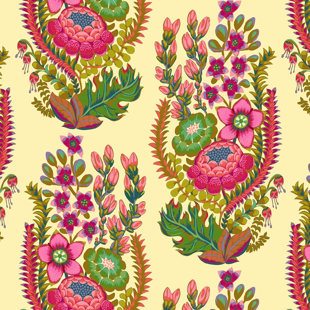 The image is a repeating pattern of vibrant, colorful flowers and plants against a yellow background.