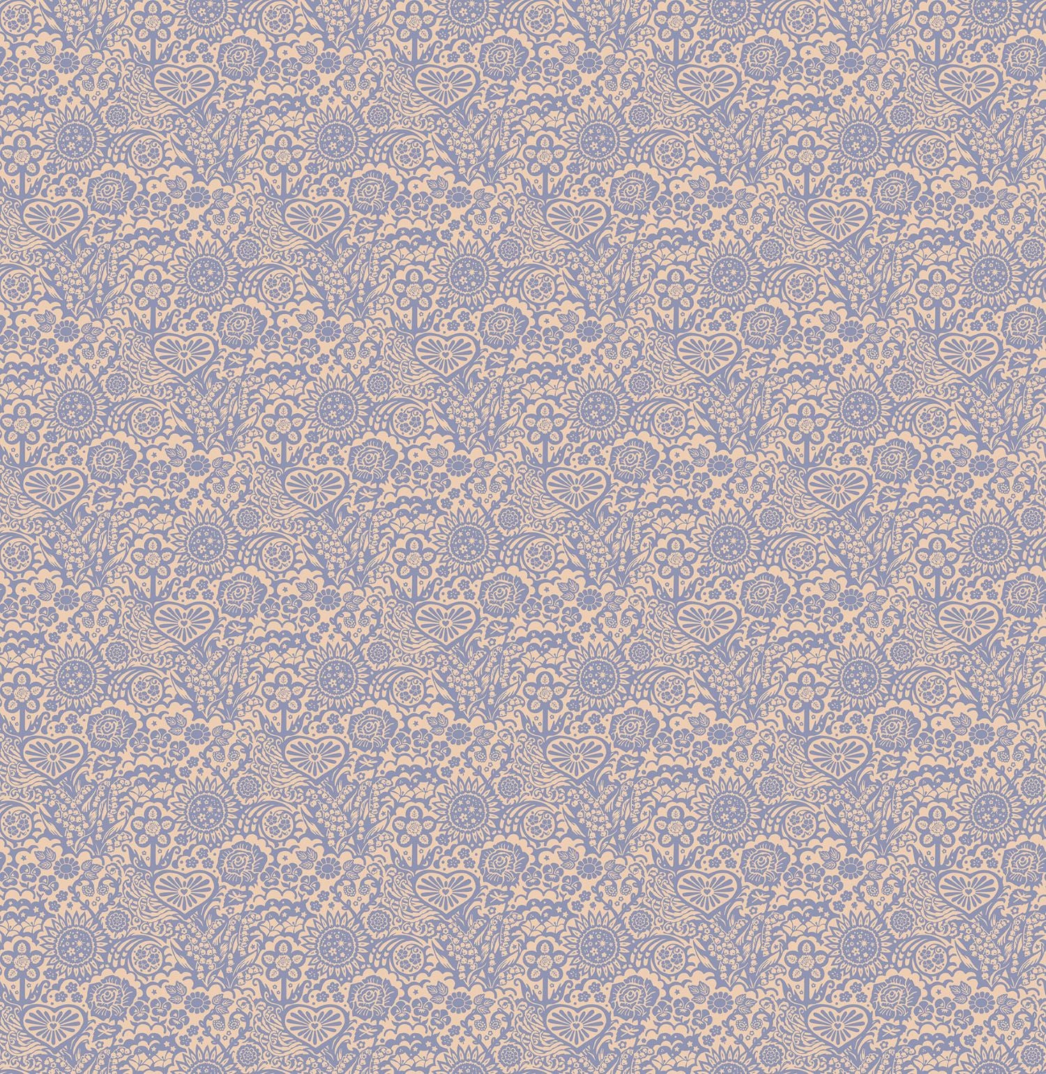 The image is a repeating pattern of various floral and abstract designs in shades of blue and beige.