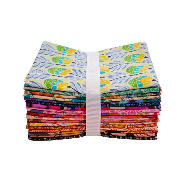A bundle of colorful fabric pieces tied together, showcasing a variety of patterns and colors.