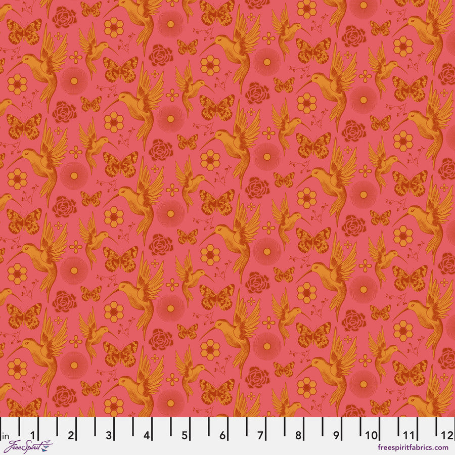 The image is a repeating pattern of birds, butterflies, and flowers in shades of pink and orange.