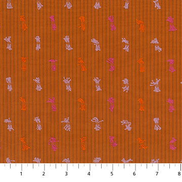 a repeating pattern of small orange and pink flowers or leaves on a striped background.