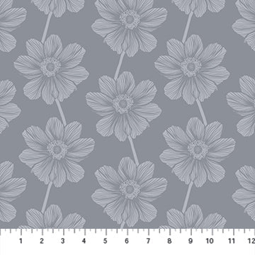 a repeating pattern of gray flowers with white centers, arranged in a grid-like fashion.