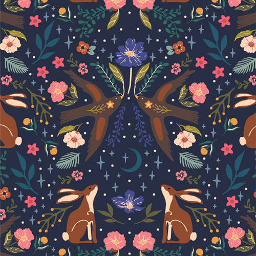 The image is a vibrant and whimsical pattern featuring various elements such as flowers, leaves, birds, and rabbits. The pattern is filled with a variety of colors, including shades of blue, pink, green, and orange, creating a visually striking and lively design.