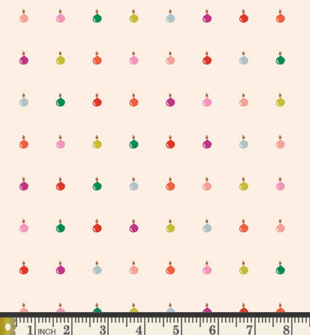 a grid of small, colorful Christmas ornaments arranged in a repeating pattern.