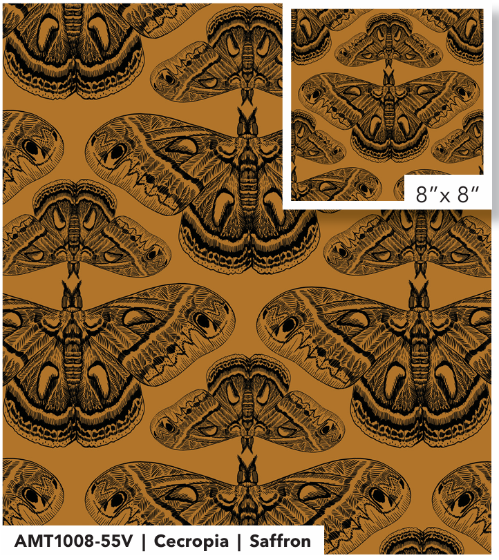 The image is a repeating pattern of detailed black and white illustrations of butterflies and moths, arranged in a symmetrical and intricate design.