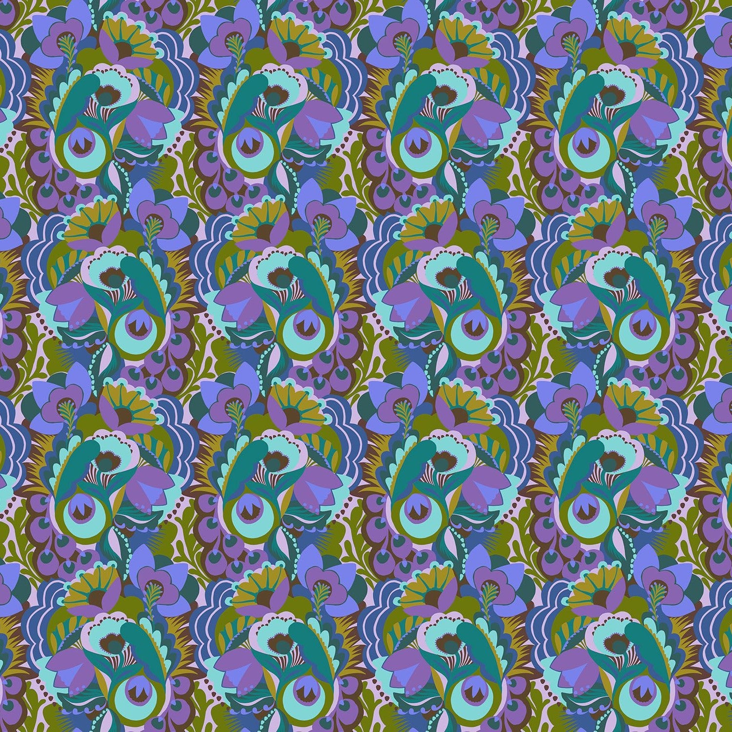 The image is a repeating pattern of colorful, abstract floral and leaf-like shapes in shades of blue, green, purple, and orange. The pattern features a variety of shapes and sizes, creating a visually striking and intricate design.