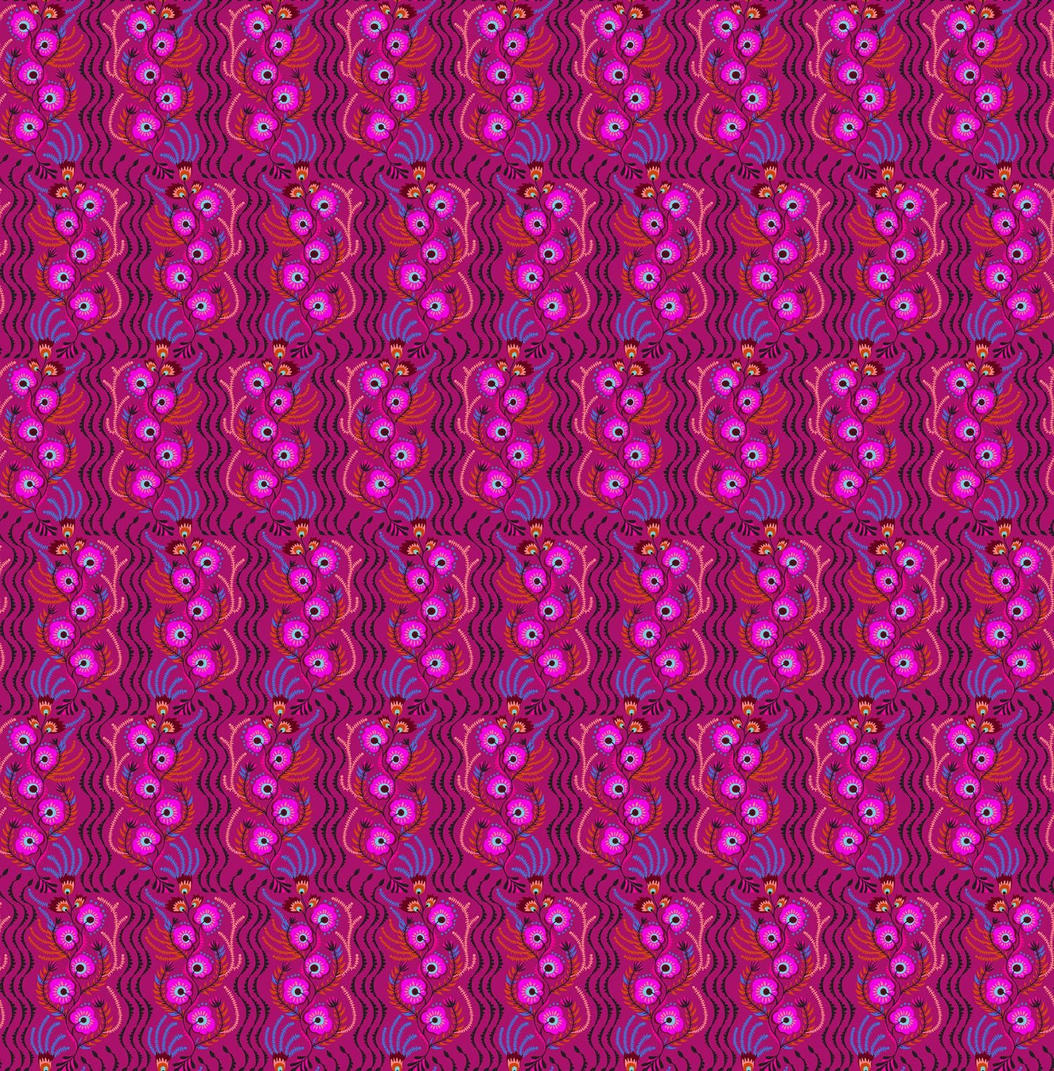 a repeating pattern of pink and purple flowers or plants against a pink and purple striped background.