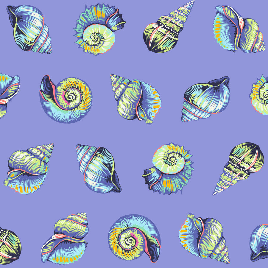 a grid of colorful, stylized illustrations of various seashells against a purple background.
