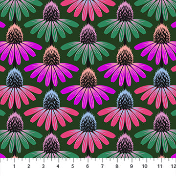 a repeating pattern of colorful flowers against a dark green background.