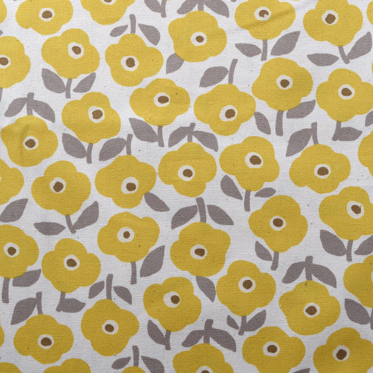 a repeating pattern of yellow flowers with gray leaves on a white background.