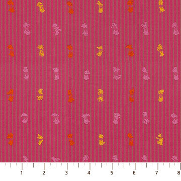 The image is a fabric with a pink background and a repeating pattern of small yellow and orange flowers or leaves.