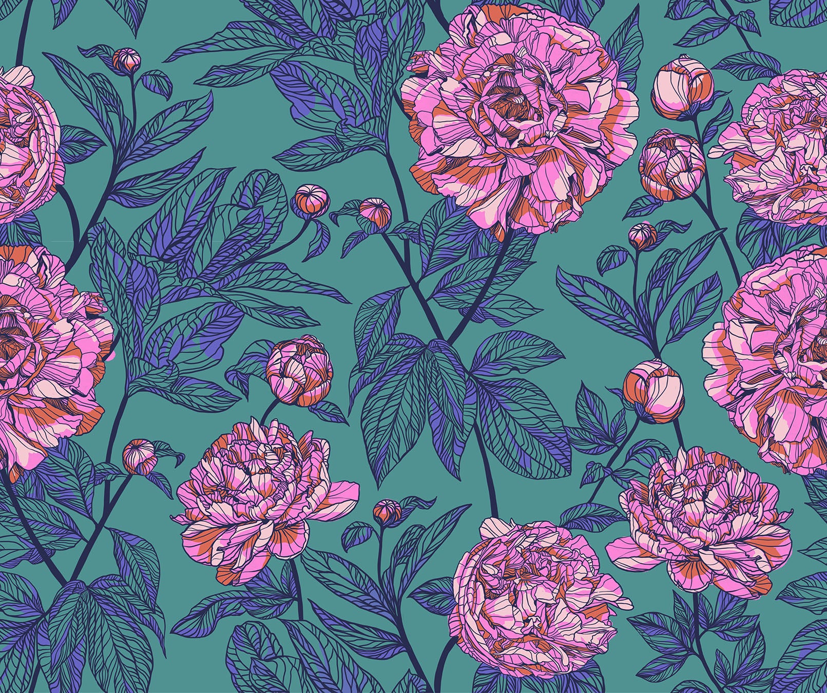 a bunch of pink flowers on a blue background