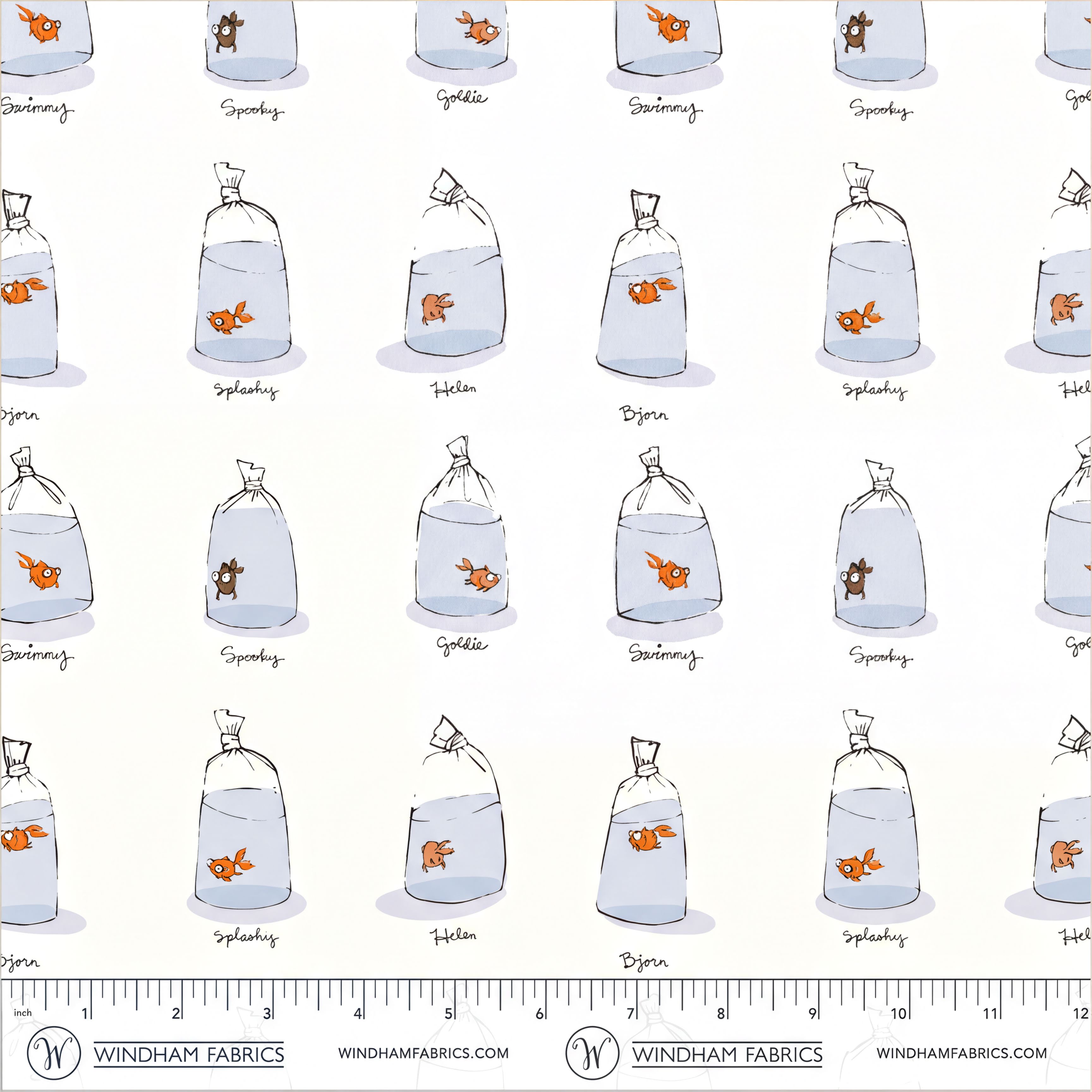 The image is a repeating pattern of illustrations of fish in various containers, each labeled with a different word.