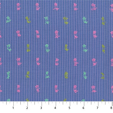 The image is a fabric with a repeating pattern of small pink and green flowers or leaves on a blue background.
