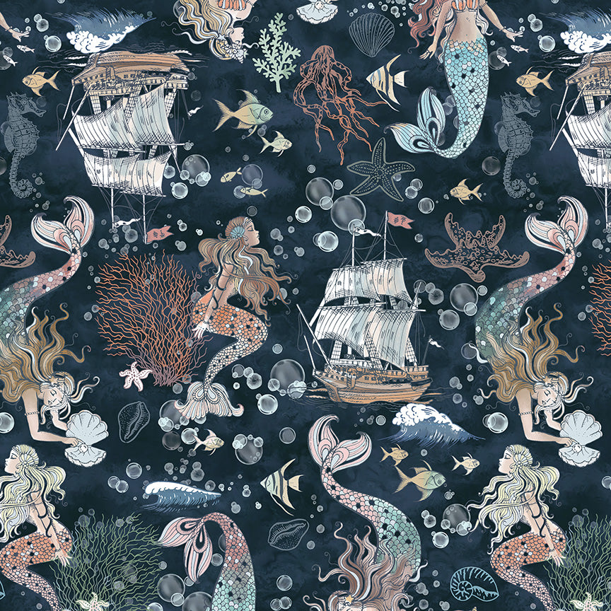 The image is a vibrant and whimsical underwater scene filled with mermaids, sea creatures, and sailing ships. The mermaids have flowing hair and tails, and the background is a dark blue color with various marine life and sea creatures. The scene is filled with bubbles and bubbles, creating a sense of movement and energy. The overall composition is visually engaging and captures the essence of a lively underwater world.