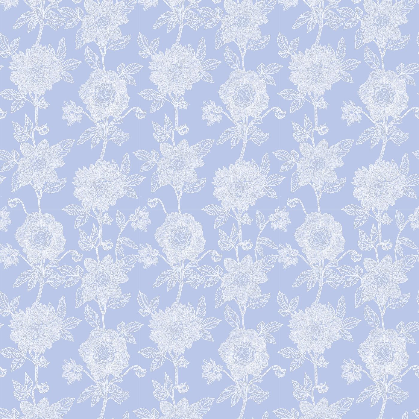 a repeating pattern of white flowers with green leaves against a light blue background.