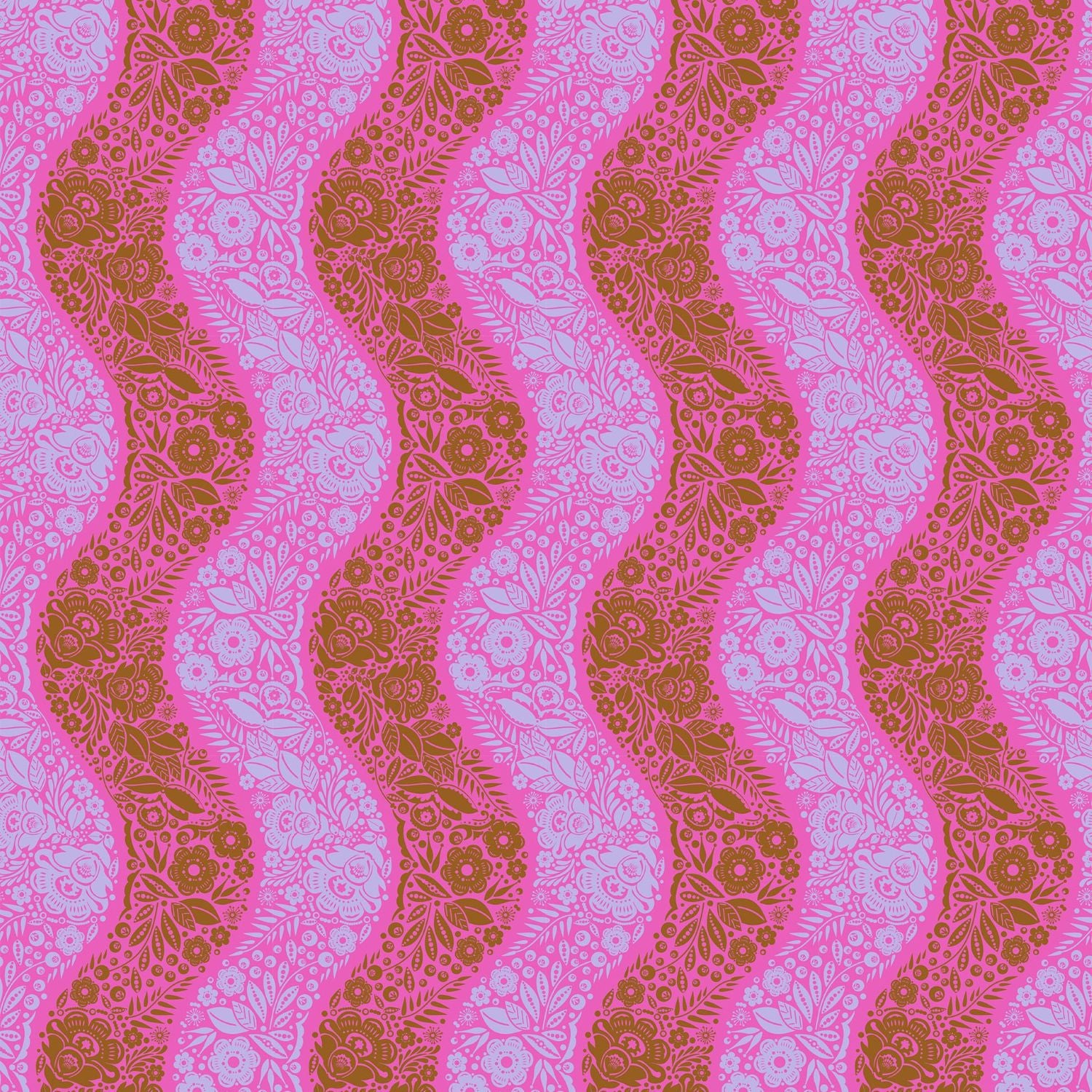a repeating pattern of pink and brown floral designs on a wavy background.