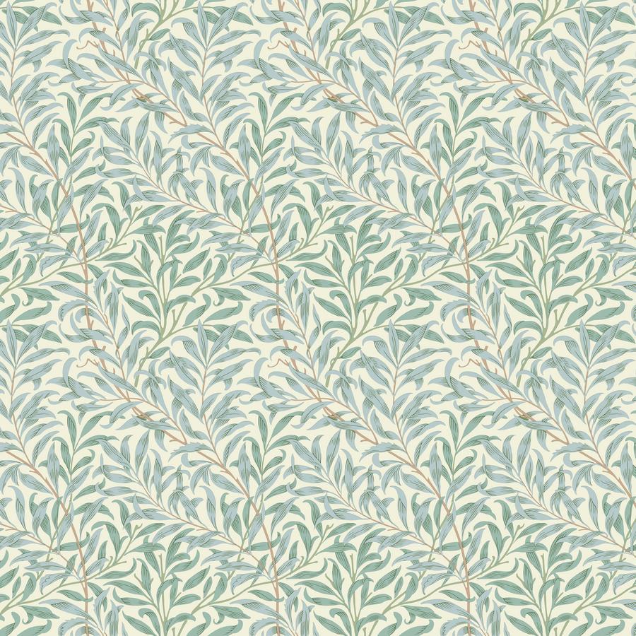 a repeating pattern of green leaves and branches on a light background.