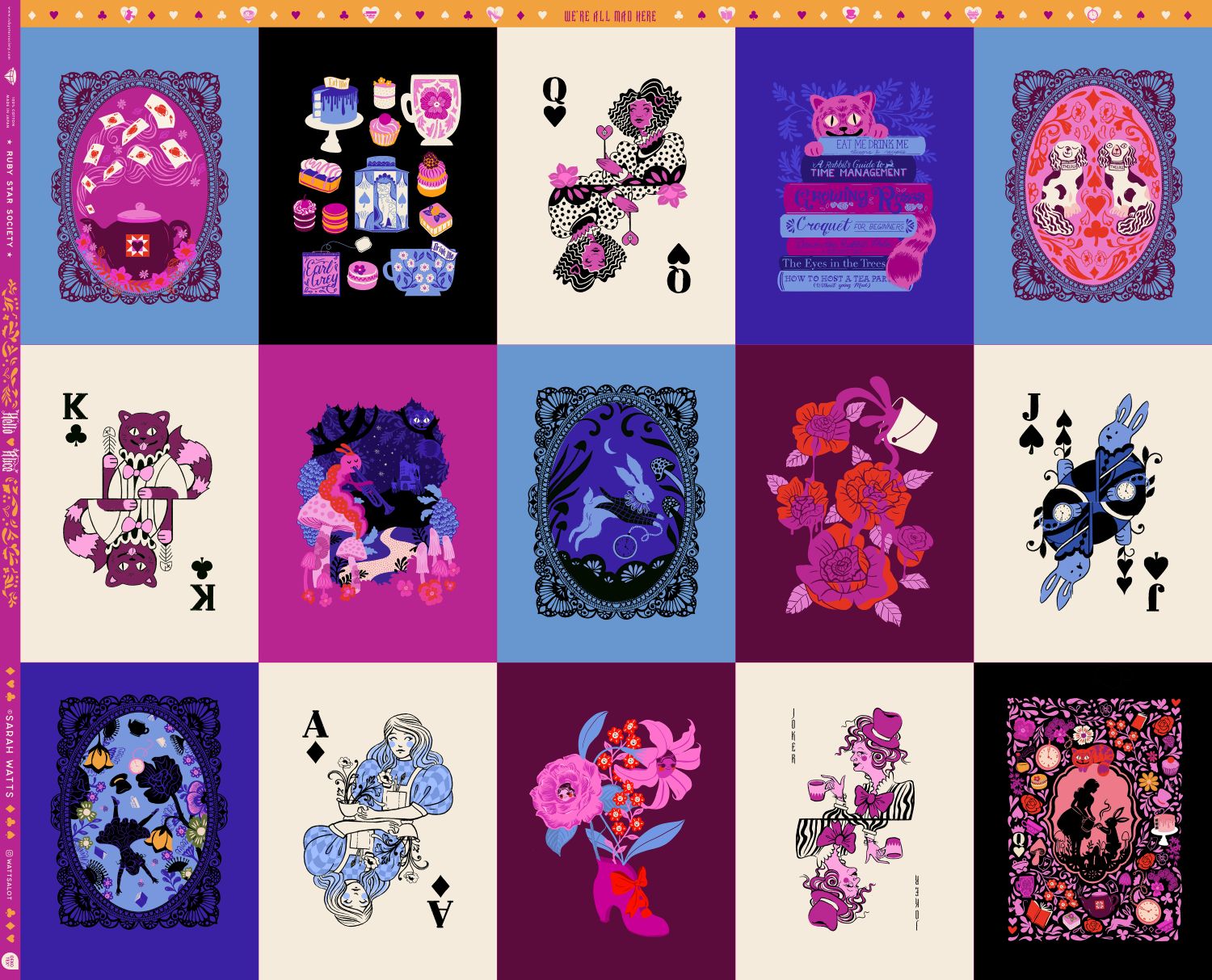 The image is a collage of various colorful and whimsical illustrations, including playing cards, floral designs, and other decorative elements.