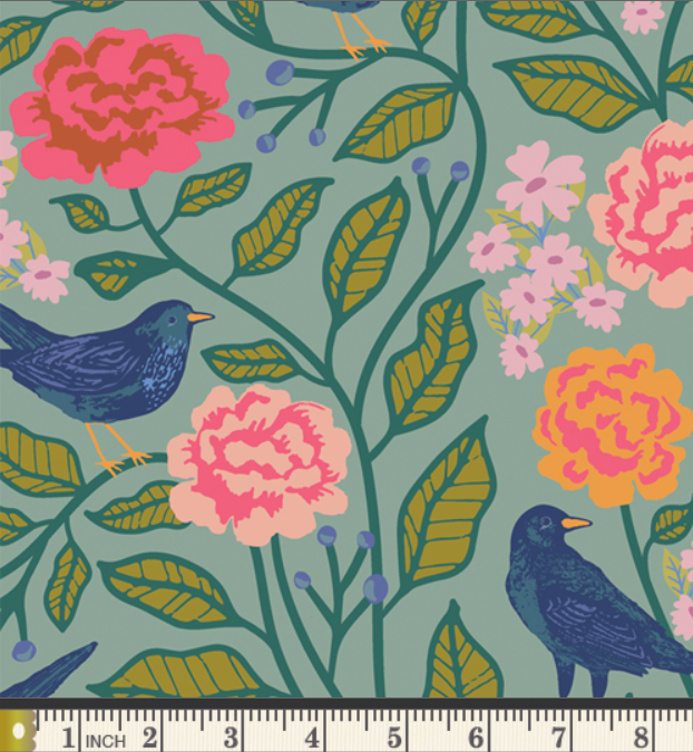 a vibrant floral pattern with various flowers and leaves, including pink and orange flowers, green leaves, and blue birds.