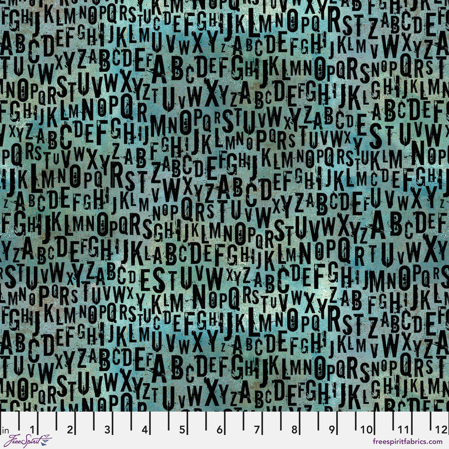a repeating pattern of various letters of the alphabet in different sizes and orientations, creating a visually striking and chaotic arrangement.