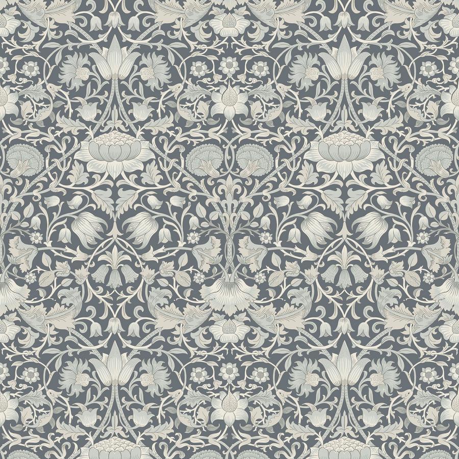 a repeating pattern of gray and white floral and leaf designs on a dark background.