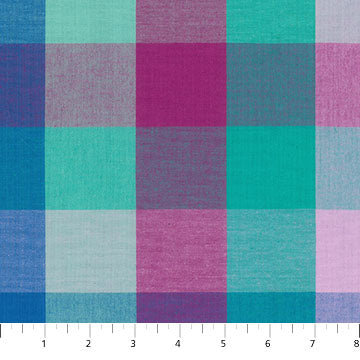 The image is a fabric with a colorful plaid pattern, featuring a variety of shades of blue, pink, and green. The pattern consists of multiple squares and rectangles, creating a visually striking and vibrant design.