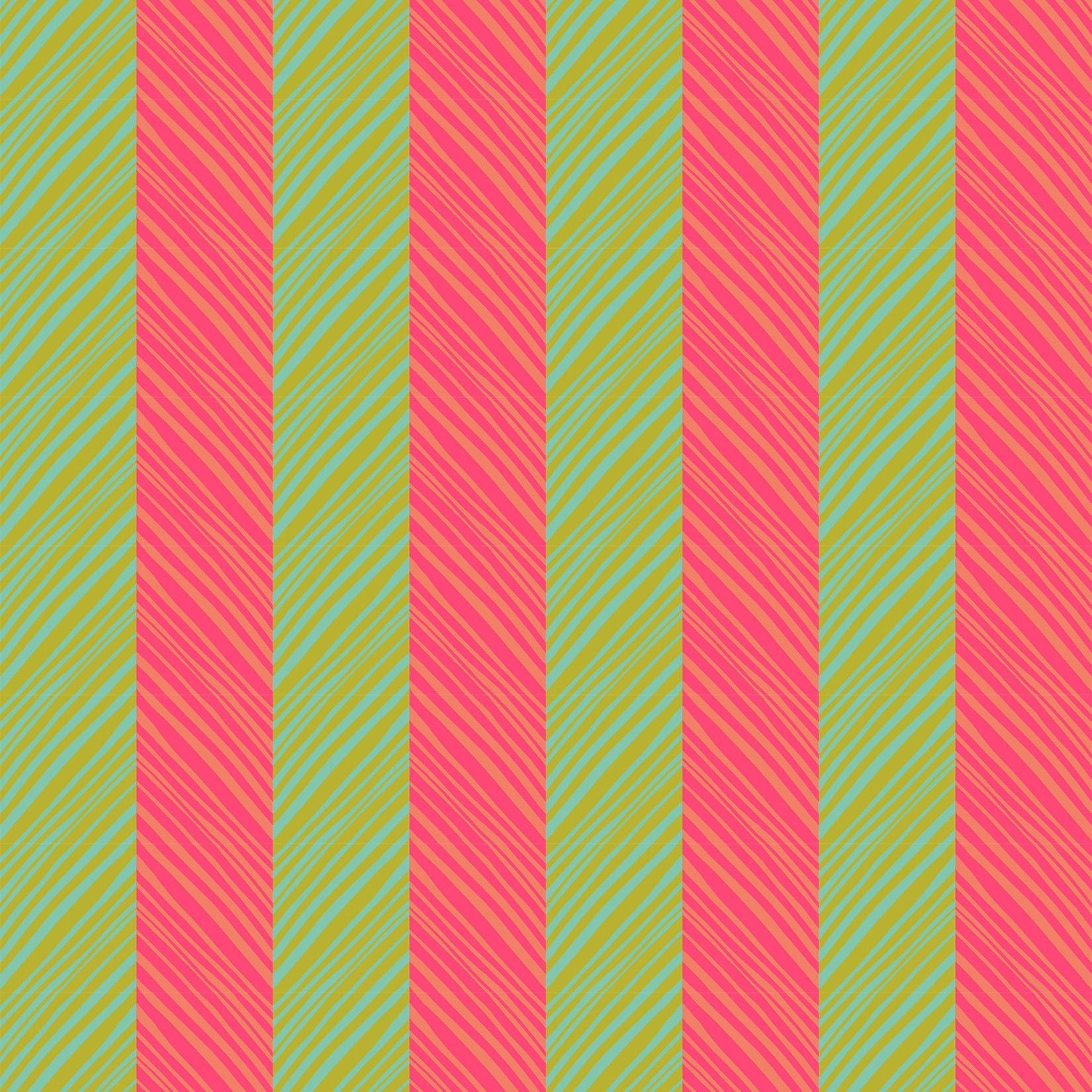 a repeating pattern of vertical stripes in various colors, including green, pink, and yellow. The stripes are arranged in a diagonal pattern, creating a visually striking and dynamic design.