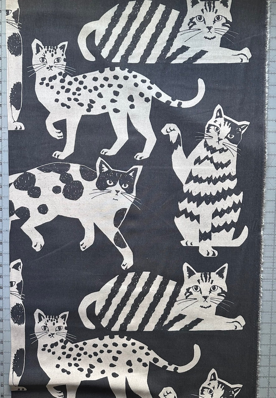 a repeating pattern of cats on a black background.
