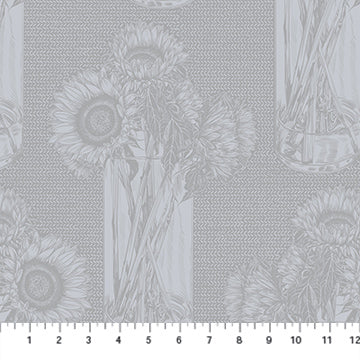 a repeating pattern of sunflowers in vases, with the sunflowers depicted in various sizes and positions.