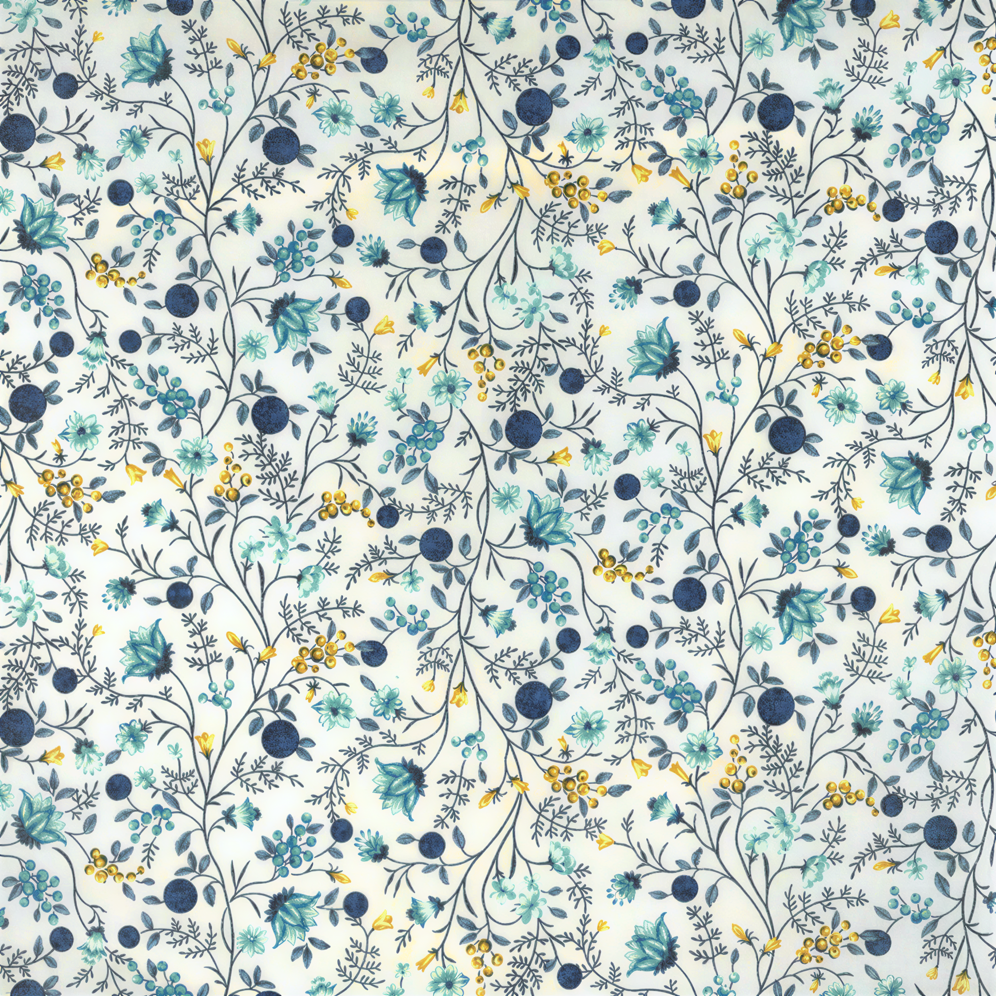 a repeating floral pattern with blue, yellow, and green flowers and leaves on a white background.