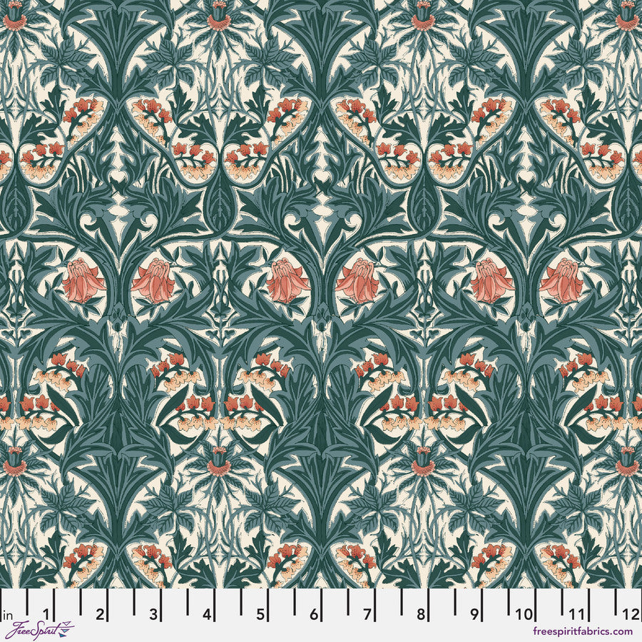 a repeating pattern of green leaves, orange flowers, and green leaves, creating a visually appealing and intricate design.