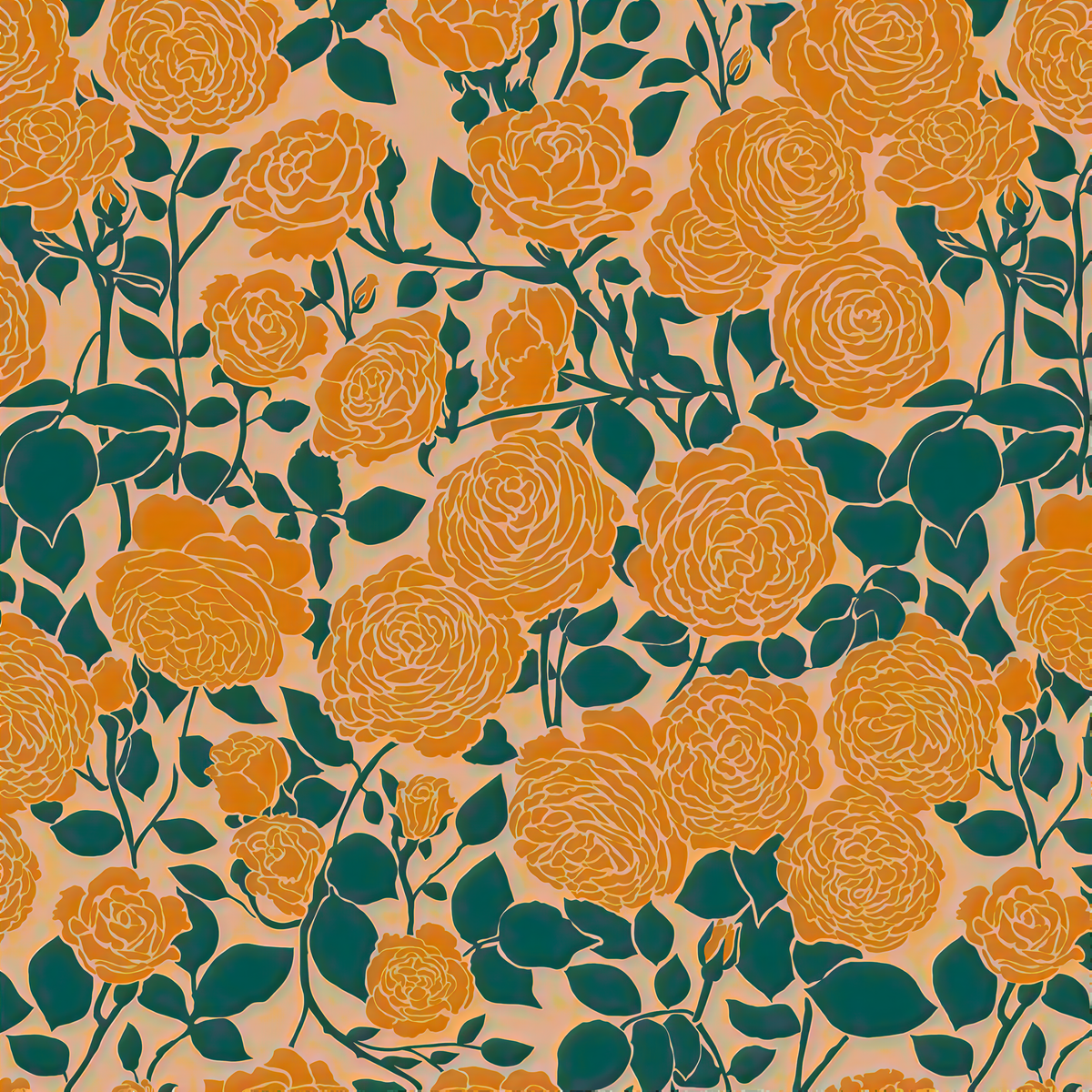 The image is a repeating pattern of orange roses with green leaves against a light peach background.
