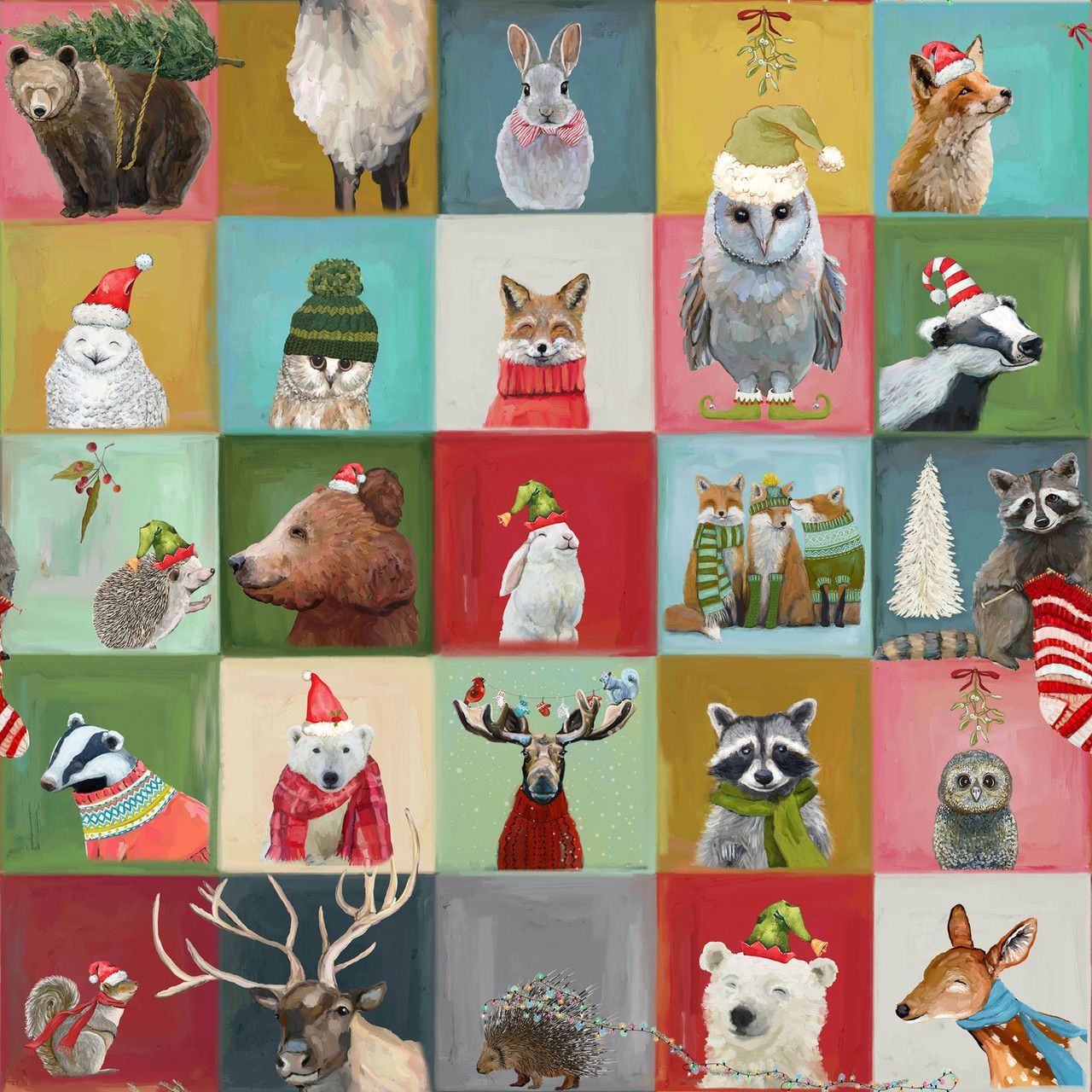 a painting of animals wearing christmas hats and scarves