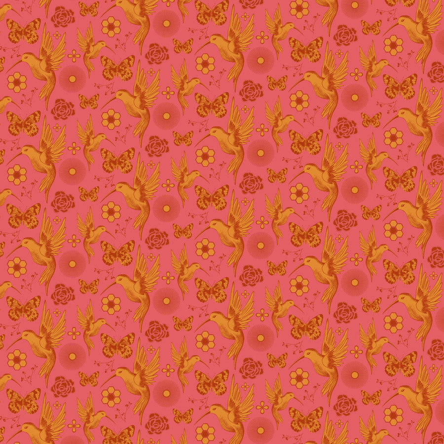 a repeating pattern of birds, butterflies, and flowers in shades of pink and orange against a pink background.