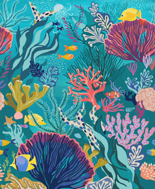 The image is a vibrant and colorful illustration of a coral reef teeming with various marine life, including fish, sea anemones, and other sea creatures. The scene is filled with a variety of colors, such as blue, pink, yellow, and green, creating a lively and dynamic underwater environment.
