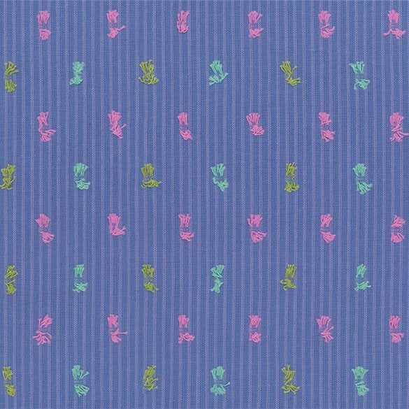 a pattern of small pink and green flowers or leaves arranged in a diagonal grid on a blue background.