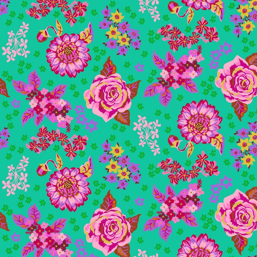 a vibrant and colorful floral pattern with various types of flowers and leaves against a bright green background.