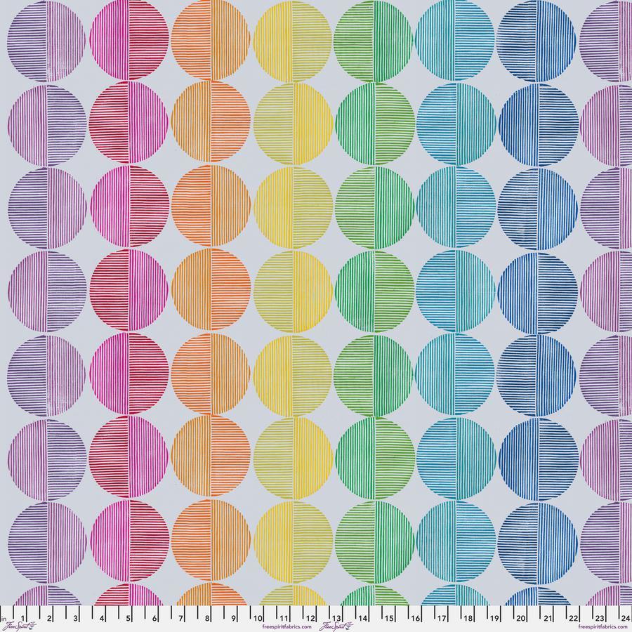 a repeating pattern of colorful circles on a white background, with each circle having a different color and orientation.